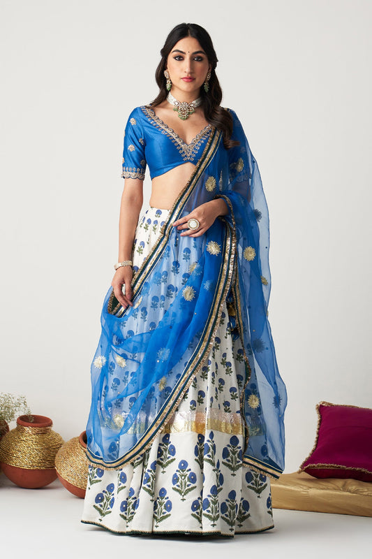Pakeezah white with cobalt blue block printed  lehenga with  blouse and  dupatta (set  of 3)