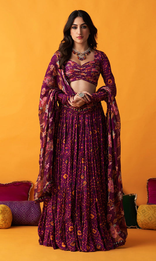 Rangreza 2.0 Bandhani Wine Tiered Lehenga with Pleated Blouse and Dupatta (Set of 3)