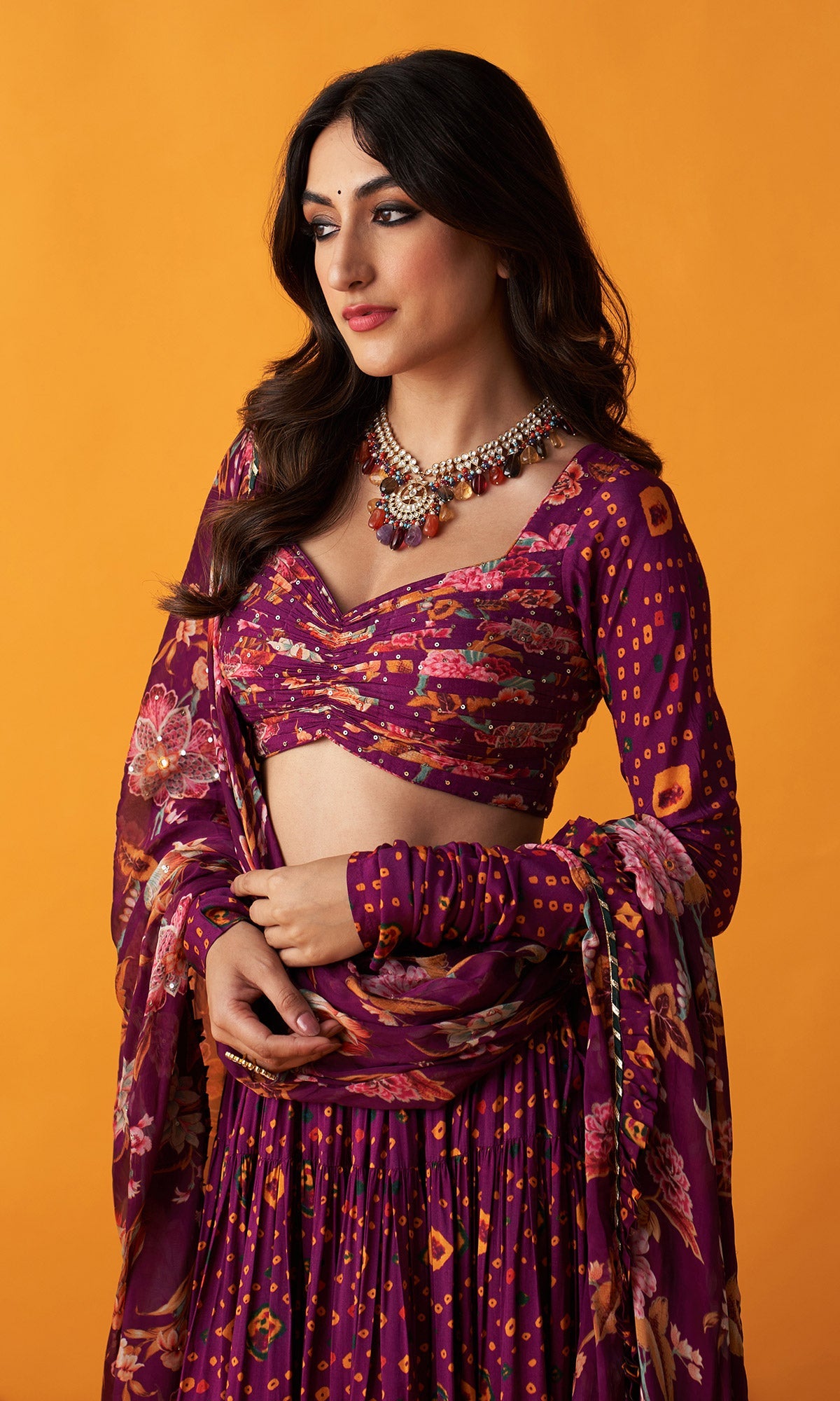Rangreza 2.0 Bandhani Wine Tiered Lehenga with Pleated Blouse and Dupatta (Set of 3)