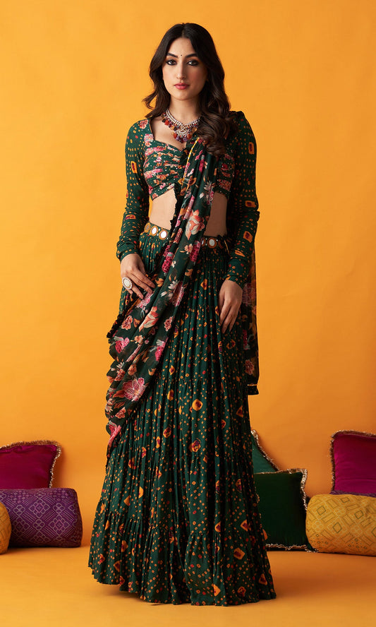 Rangreza 2.0 Bandhani Green Tiered Lehenga with Pleated Blouse and Dupatta (Set of 3)