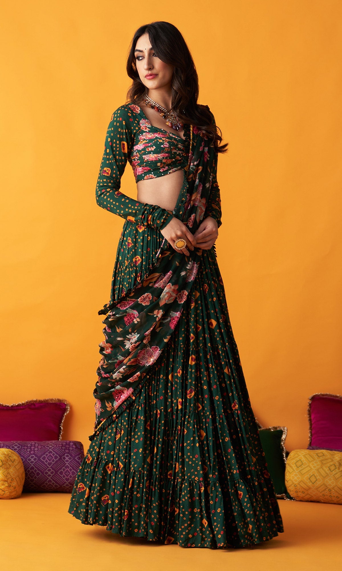 Rangreza 2.0 Bandhani Green Tiered Lehenga with Pleated Blouse and Dupatta (Set of 3)