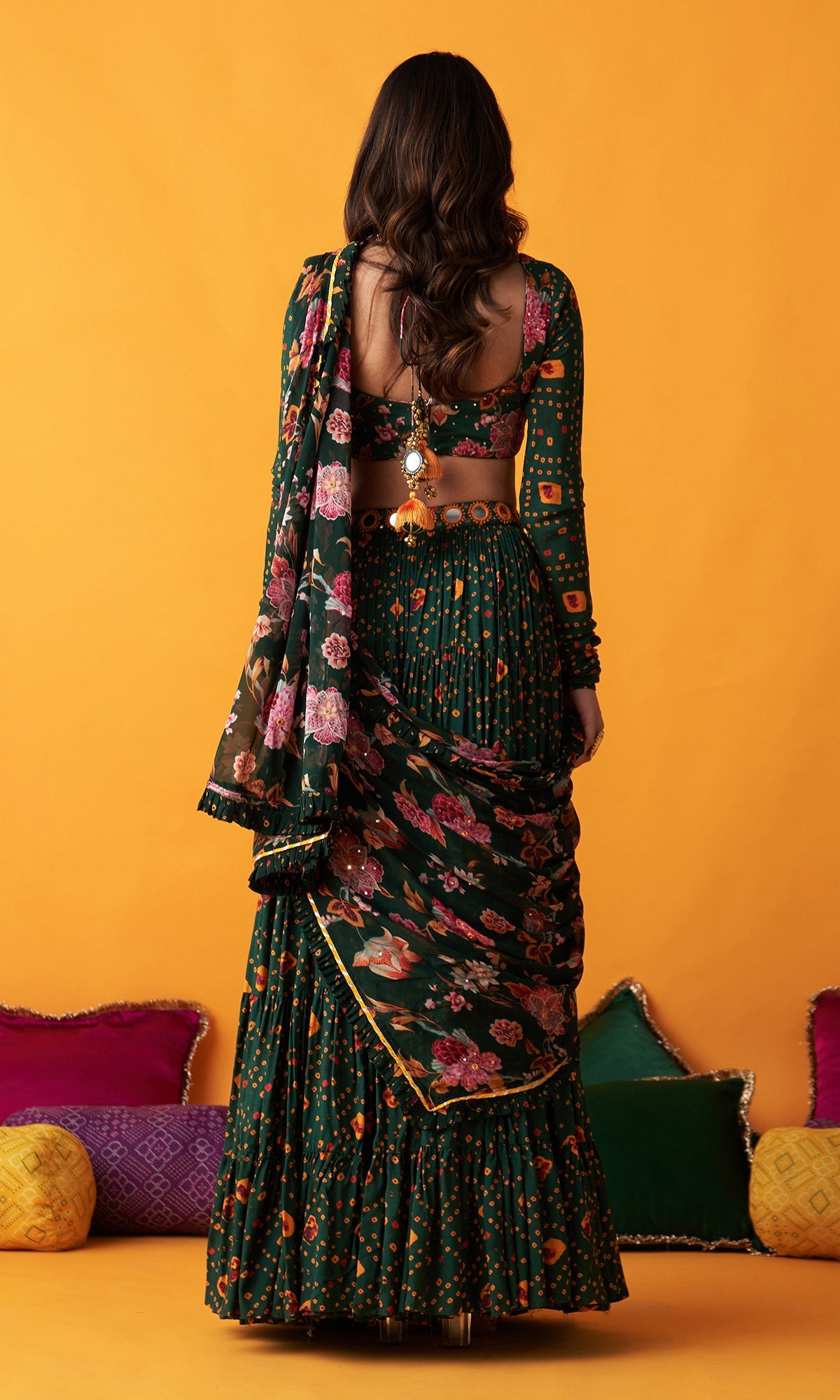 Rangreza 2.0 Bandhani Green Tiered Lehenga with Pleated Blouse and Dupatta (Set of 3)