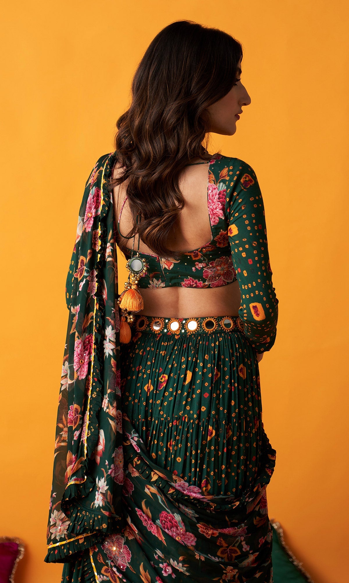 Rangreza 2.0 Bandhani Green Tiered Lehenga with Pleated Blouse and Dupatta (Set of 3)