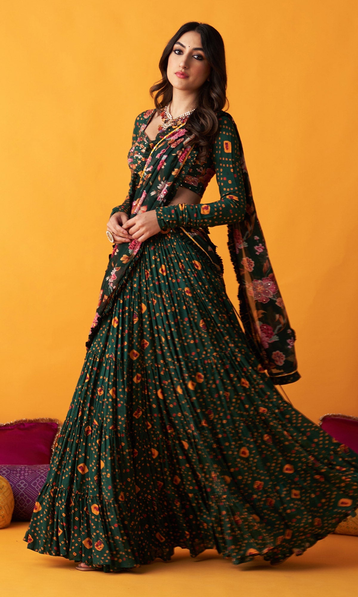Rangreza 2.0 Bandhani Green Tiered Lehenga with Pleated Blouse and Dupatta (Set of 3)