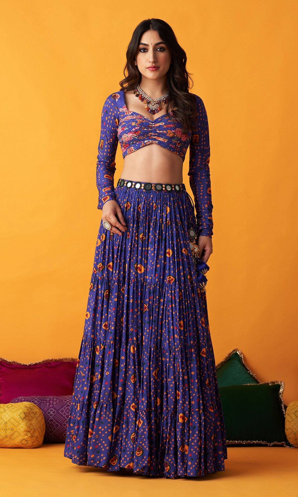 Rangreza 2.0 Bandhani Blue Tiered Lehenga with Pleated Blouse and Dupatta (Set of 3)