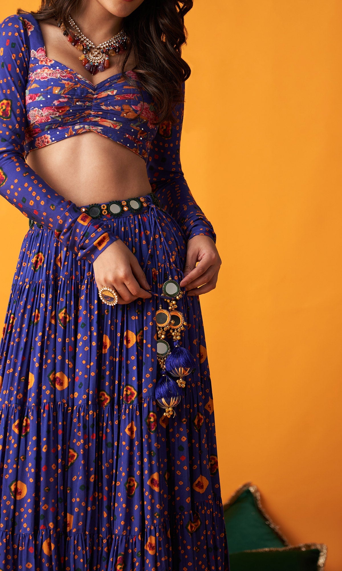 Rangreza 2.0 Bandhani Blue Tiered Lehenga with Pleated Blouse and Dupatta (Set of 3)