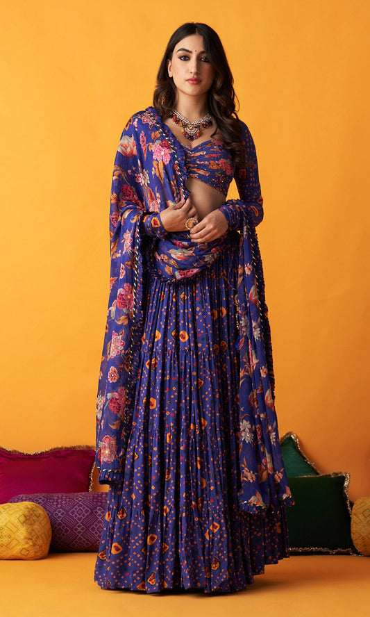 Rangreza 2.0 Bandhani Blue Tiered Lehenga with Pleated Blouse and Dupatta (Set of 3)
