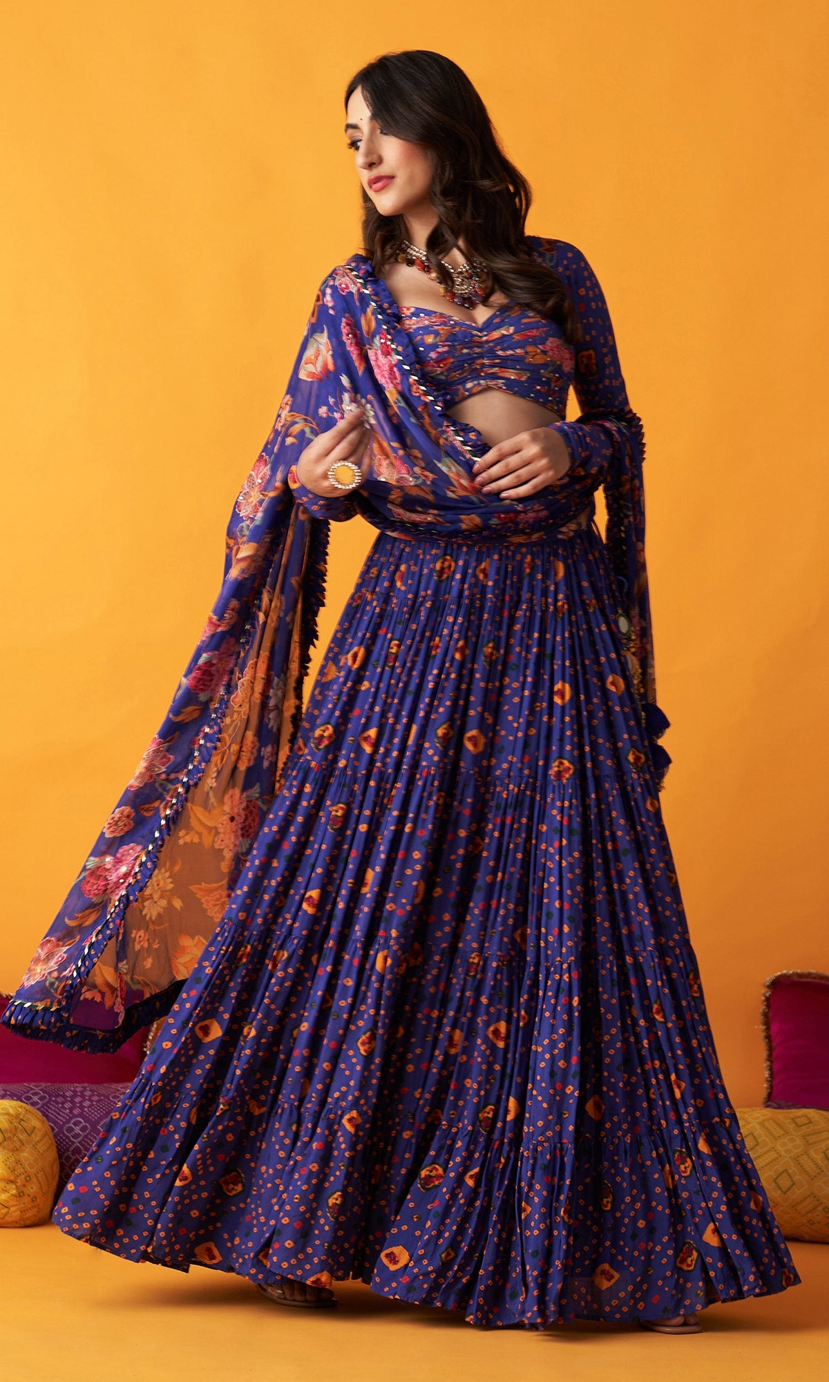 Rangreza 2.0 Bandhani Blue Tiered Lehenga with Pleated Blouse and Dupatta (Set of 3)