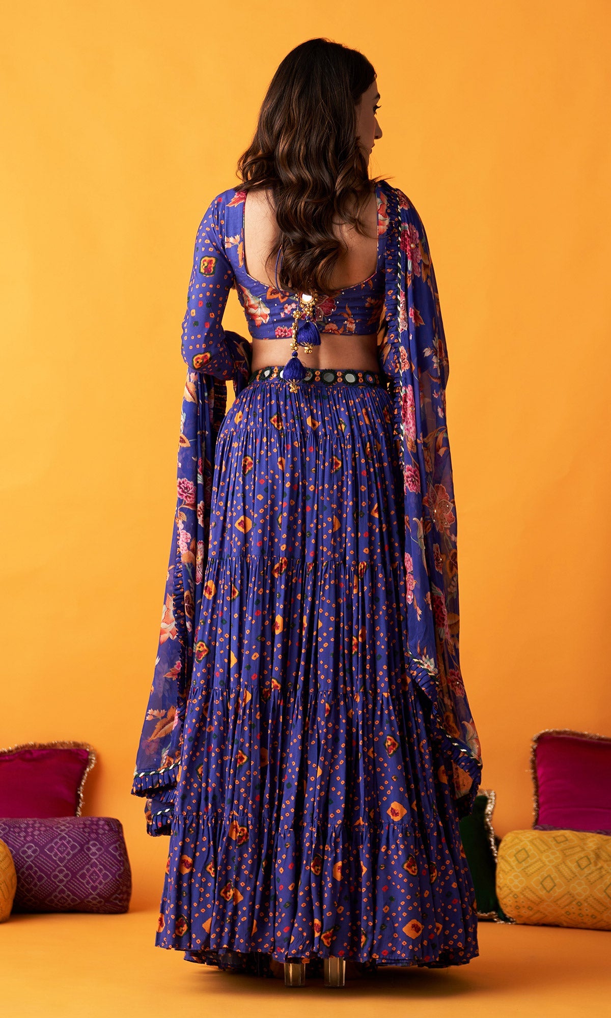 Rangreza 2.0 Bandhani Blue Tiered Lehenga with Pleated Blouse and Dupatta (Set of 3)