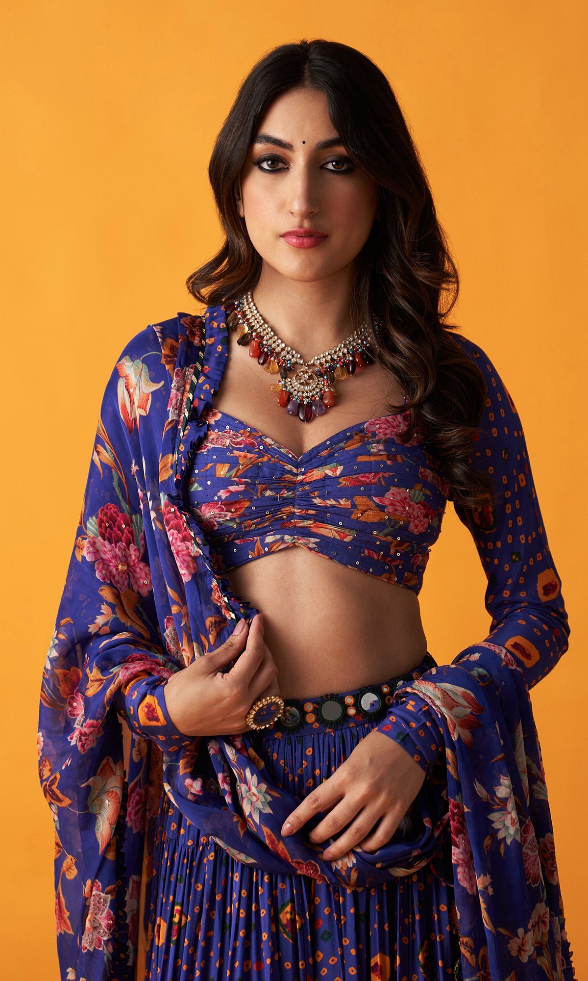 Rangreza 2.0 Bandhani Blue Tiered Lehenga with Pleated Blouse and Dupatta (Set of 3)