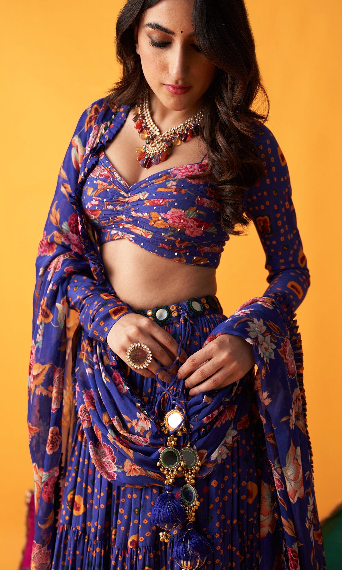 Rangreza 2.0 Bandhani Blue Tiered Lehenga with Pleated Blouse and Dupatta (Set of 3)