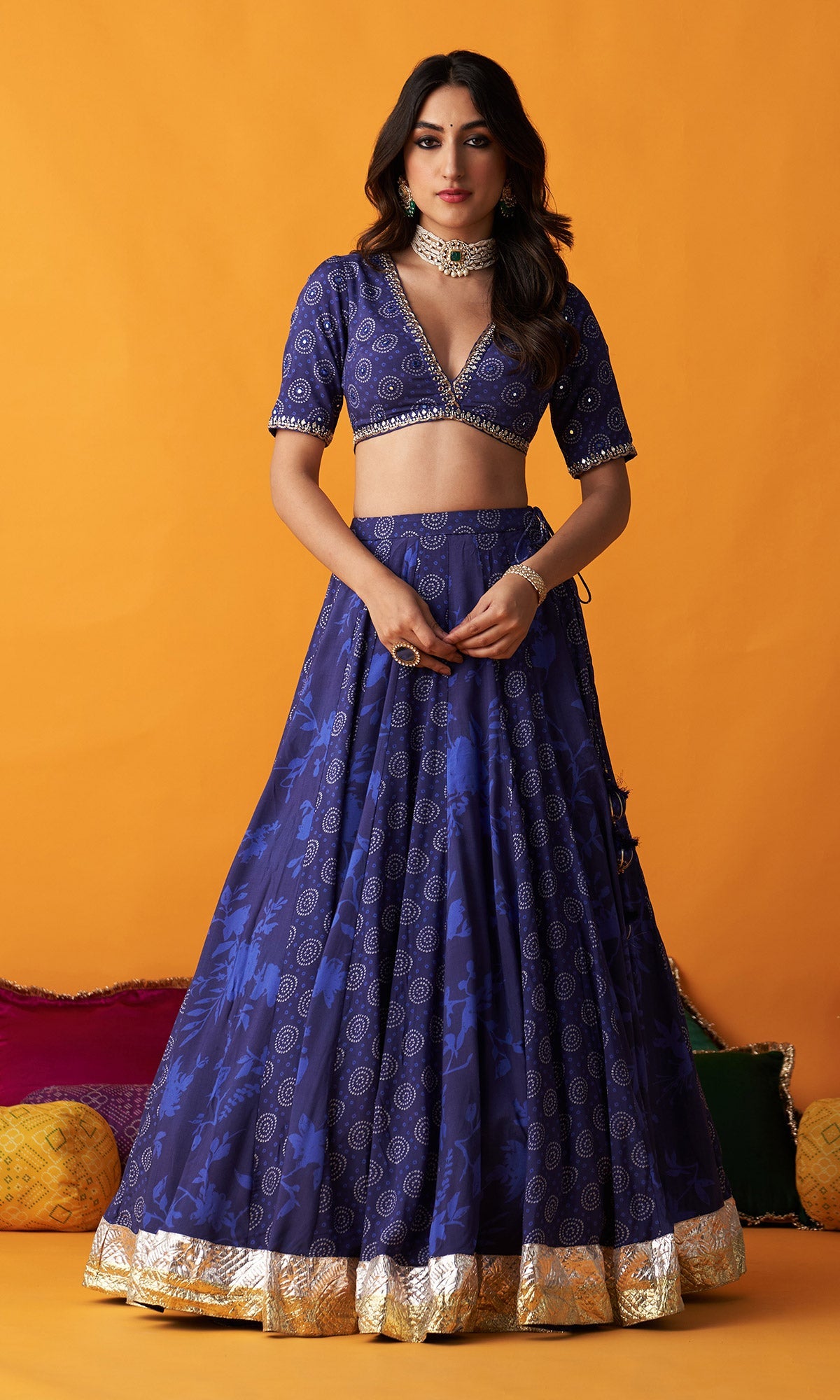 Rangreza 2.0 Bandhani Blue Lehenga with Embroidered Blouse and Satin Silk Dupatta (Set of 3)