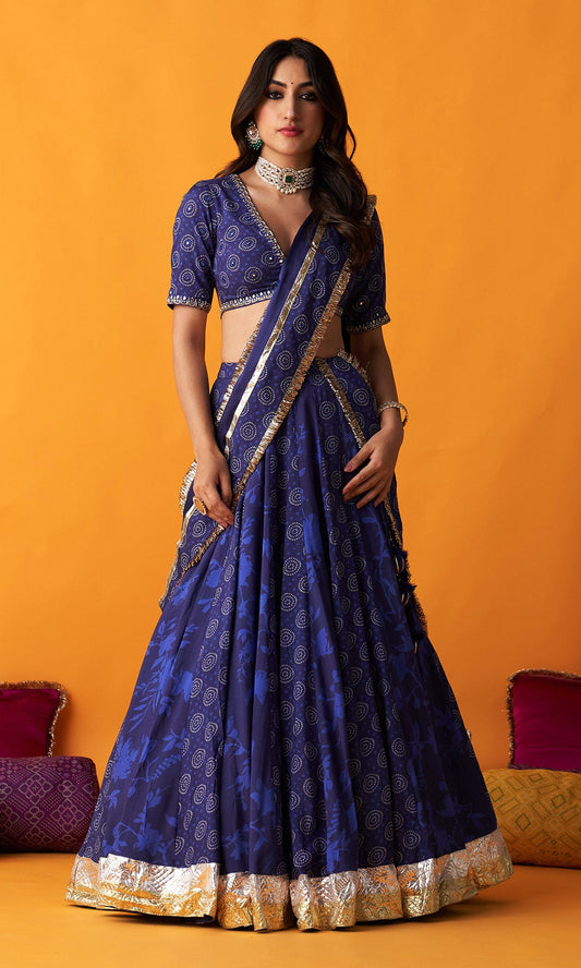 Rangreza 2.0 Bandhani Blue Lehenga with Embroidered Blouse and Satin Silk Dupatta (Set of 3)