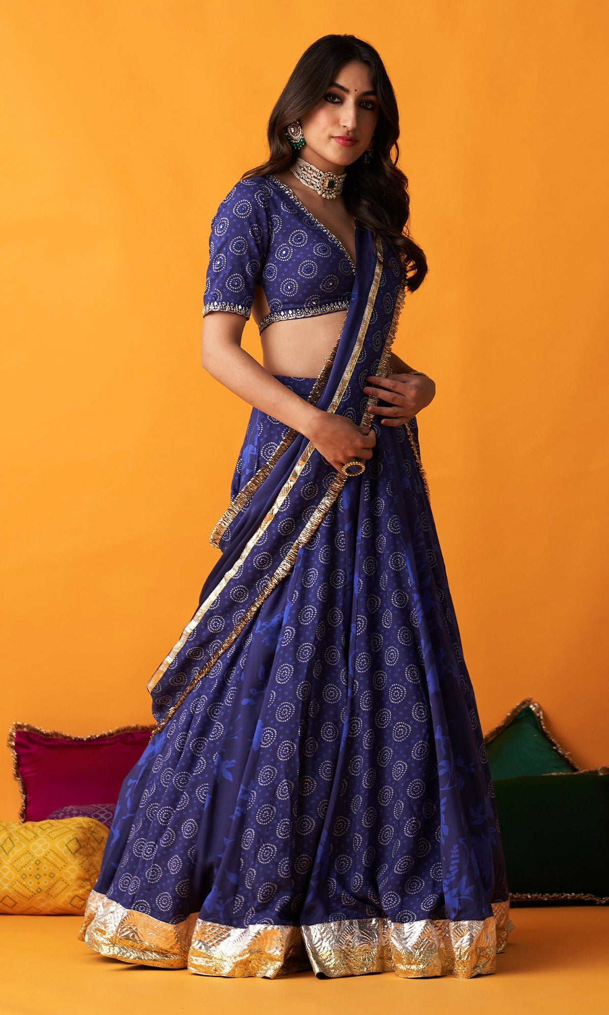 Rangreza 2.0 Bandhani Blue Lehenga with Embroidered Blouse and Satin Silk Dupatta (Set of 3)