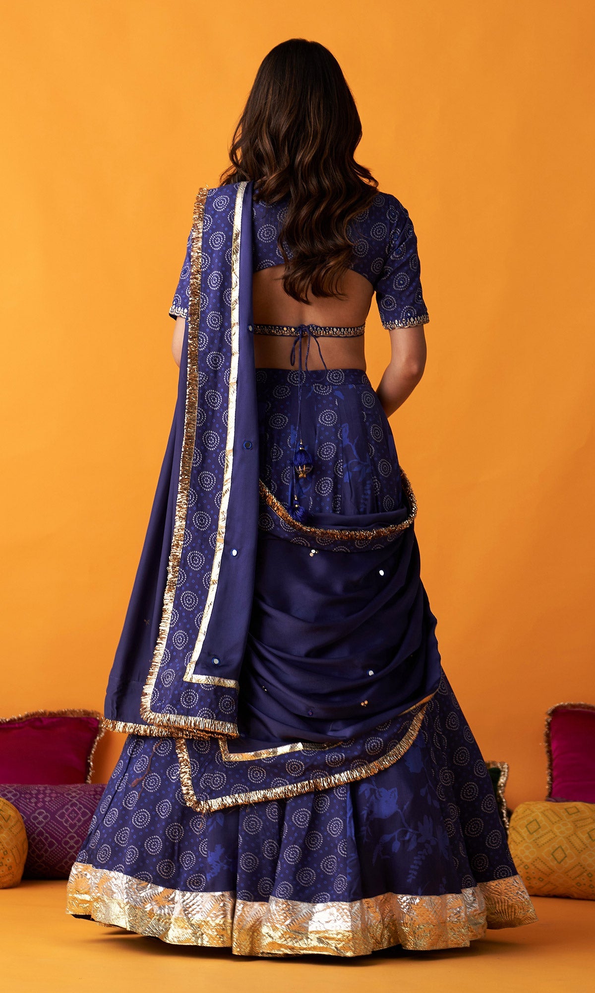 Rangreza 2.0 Bandhani Blue Lehenga with Embroidered Blouse and Satin Silk Dupatta (Set of 3)