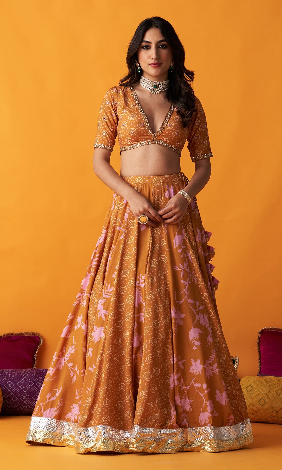 Rangreza 2.0 Bandhani Mustard Lehenga with Embroidered Blouse and Satin Silk Dupatta (Set of 3)