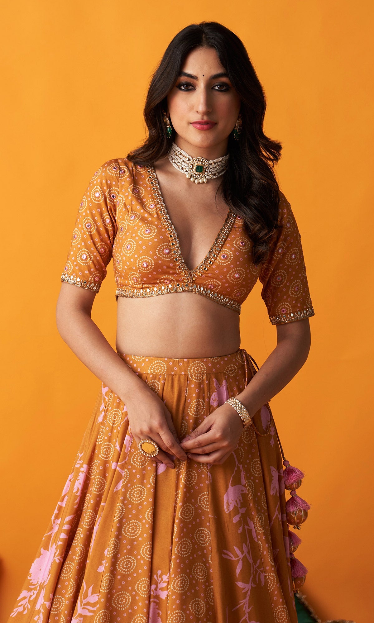Rangreza 2.0 Bandhani Mustard Lehenga with Embroidered Blouse and Satin Silk Dupatta (Set of 3)