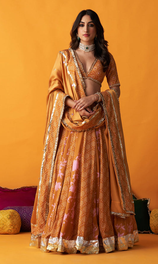 Rangreza 2.0 Bandhani Mustard Lehenga with Embroidered Blouse and Satin Silk Dupatta (Set of 3)