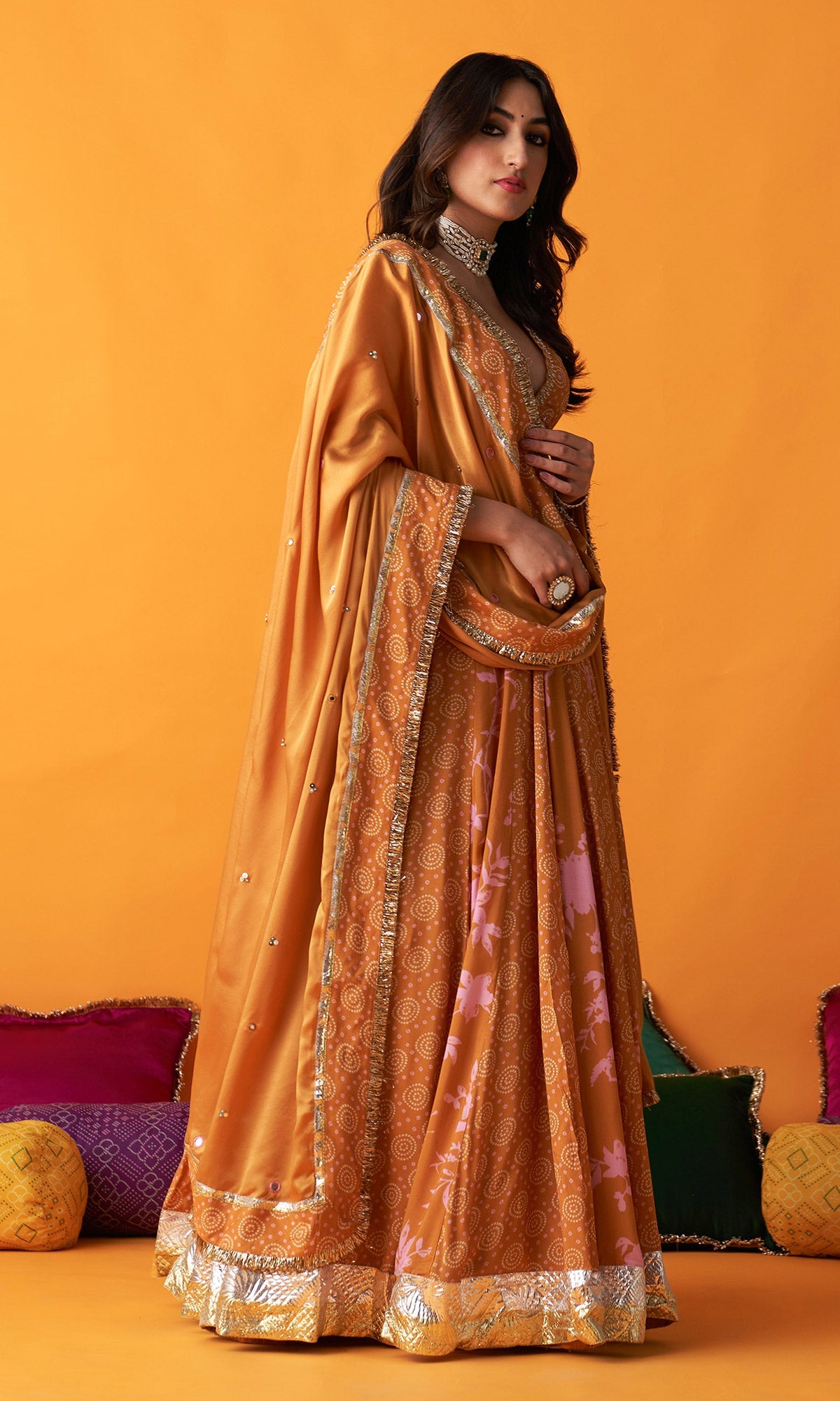 Rangreza 2.0 Bandhani Mustard Lehenga with Embroidered Blouse and Satin Silk Dupatta (Set of 3)