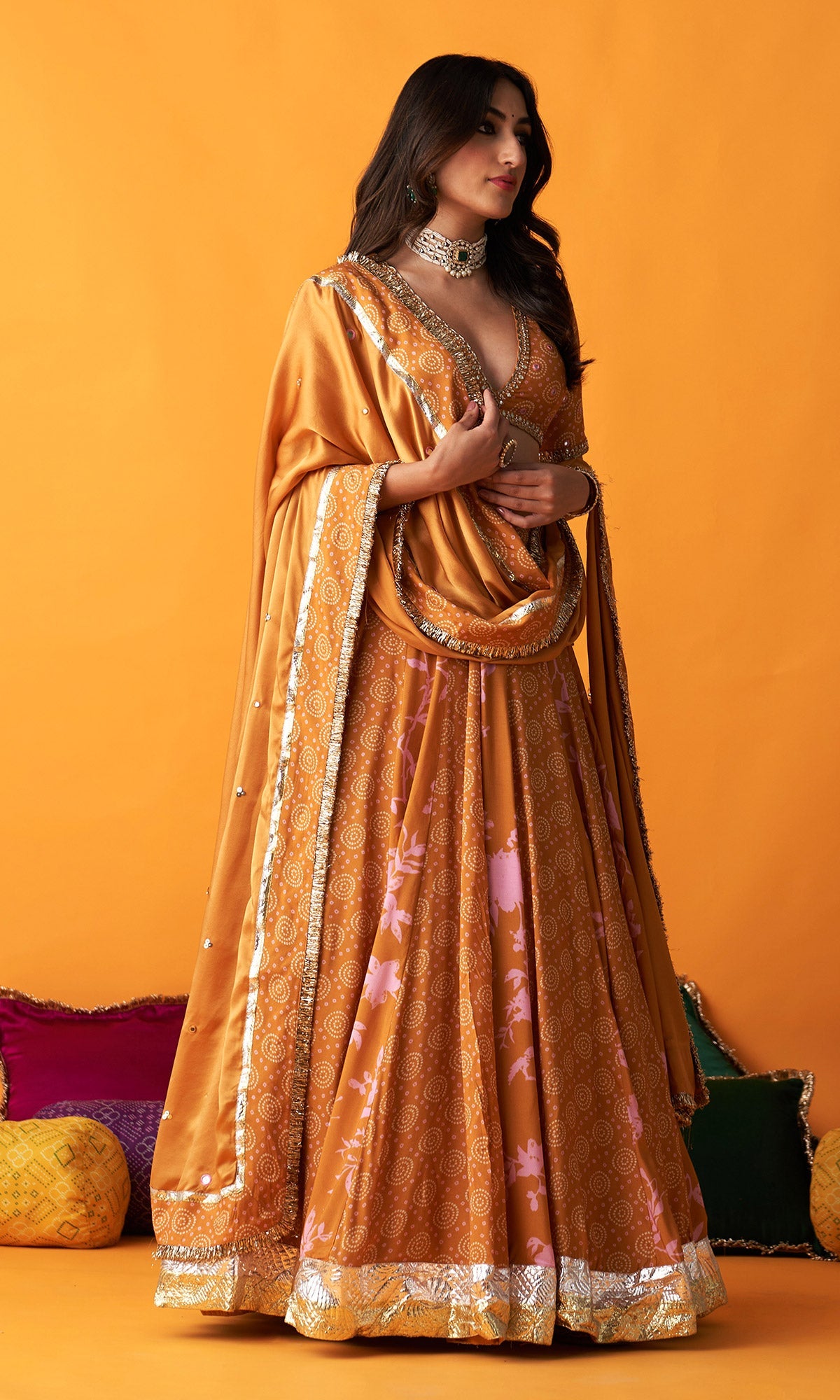 Rangreza 2.0 Bandhani Mustard Lehenga with Embroidered Blouse and Satin Silk Dupatta (Set of 3)