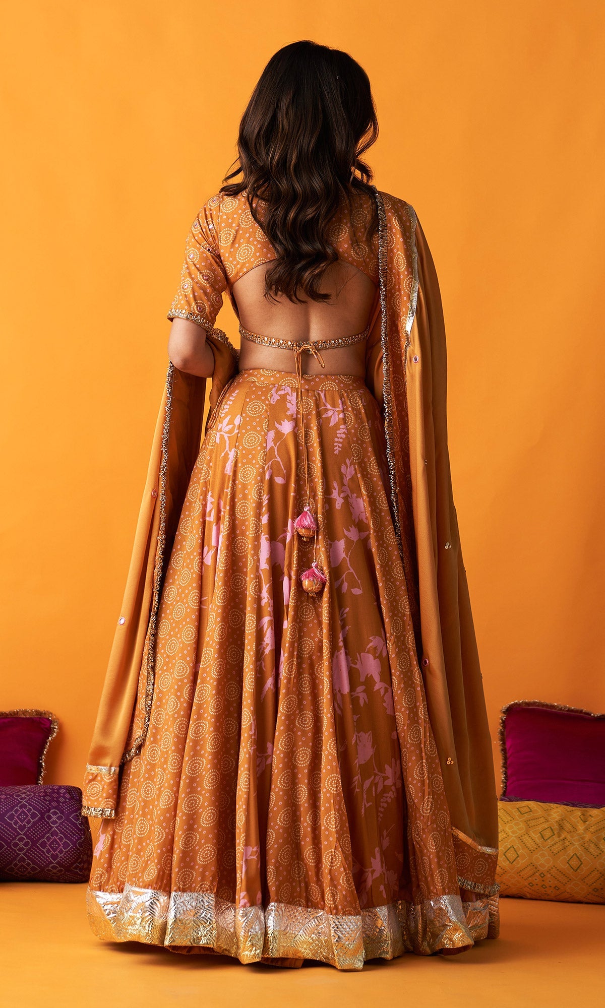 Rangreza 2.0 Bandhani Mustard Lehenga with Embroidered Blouse and Satin Silk Dupatta (Set of 3)