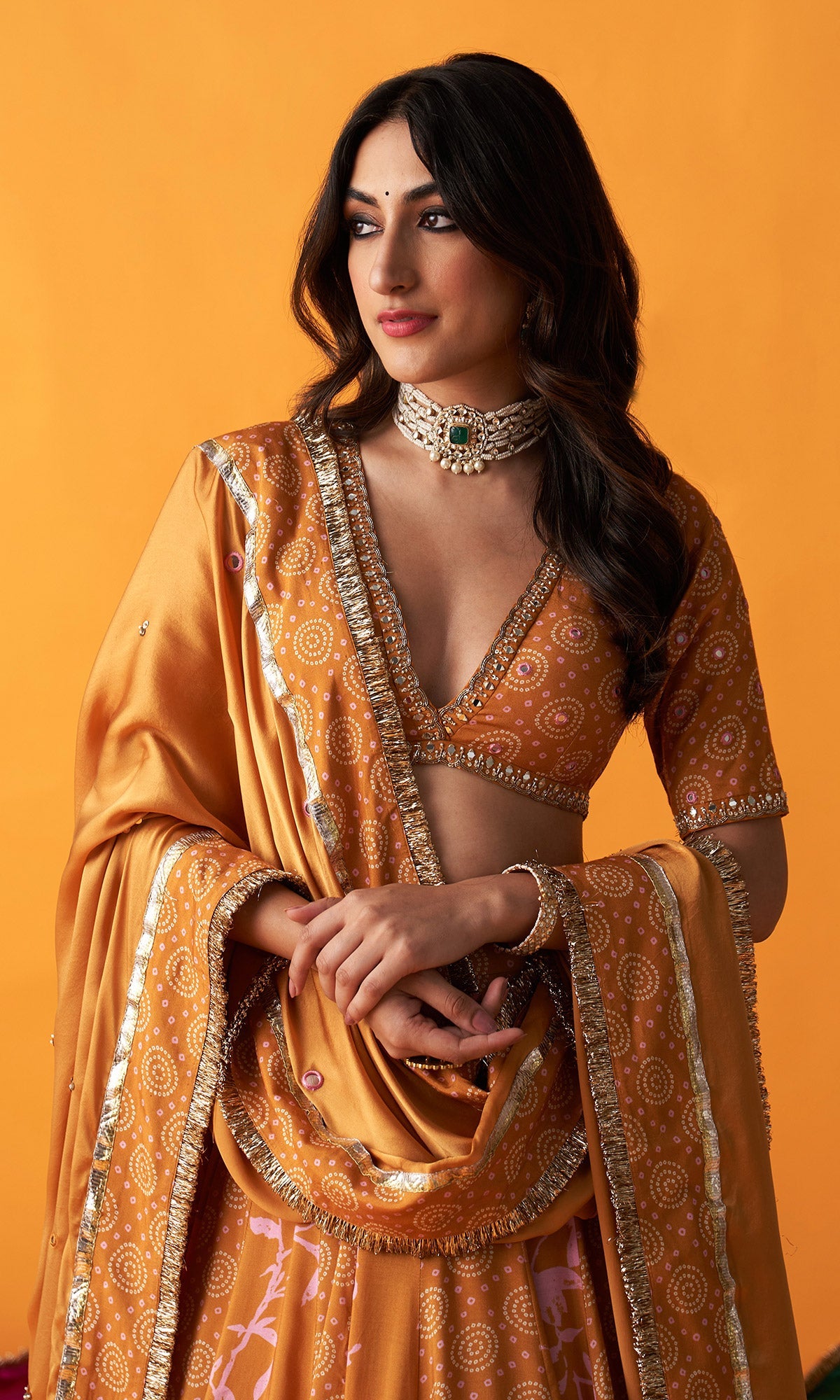 Rangreza 2.0 Bandhani Mustard Lehenga with Embroidered Blouse and Satin Silk Dupatta (Set of 3)