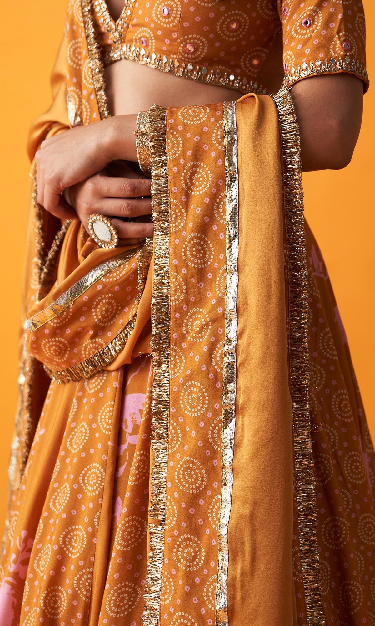 Rangreza 2.0 Bandhani Mustard Lehenga with Embroidered Blouse and Satin Silk Dupatta (Set of 3)