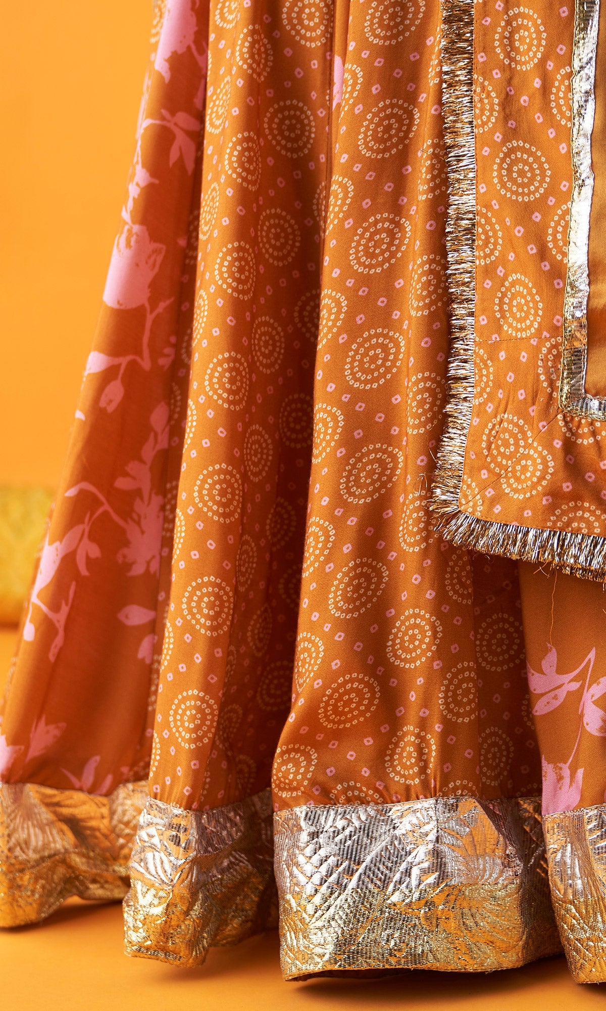 Rangreza 2.0 Bandhani Mustard Lehenga with Embroidered Blouse and Satin Silk Dupatta (Set of 3)