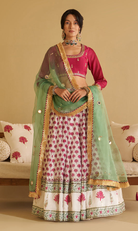 Malasa Pink Hand Block Printed Lehenga, Solid Pink Blouse with Solid Green Dupatta Set of 3