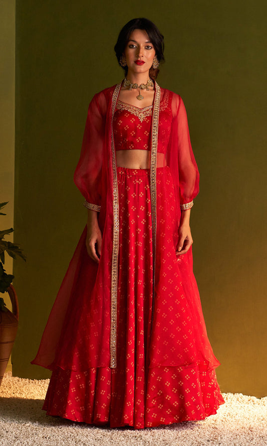 Rangreza Bandhej Red Lehnga Blouse And Jacket Set Of 3