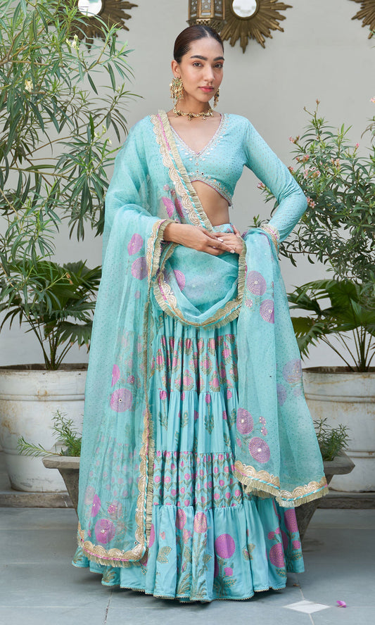 Boond Vol. 2 Turquise Hand Block Printed Tiered Lehenga With Embroidered Blouse And Dupatta (Set Of 3)