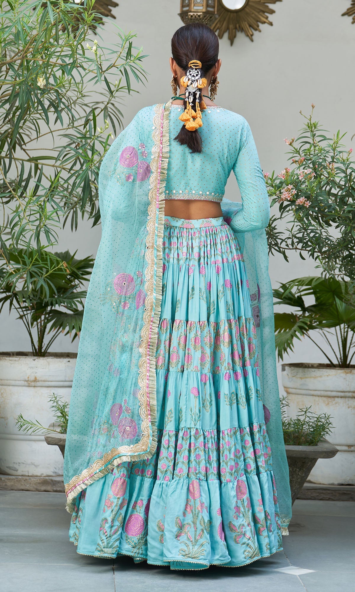 Boond Vol. 2 Turquise Hand Block Printed Tiered Lehenga With Embroidered Blouse And Dupatta (Set Of 3)