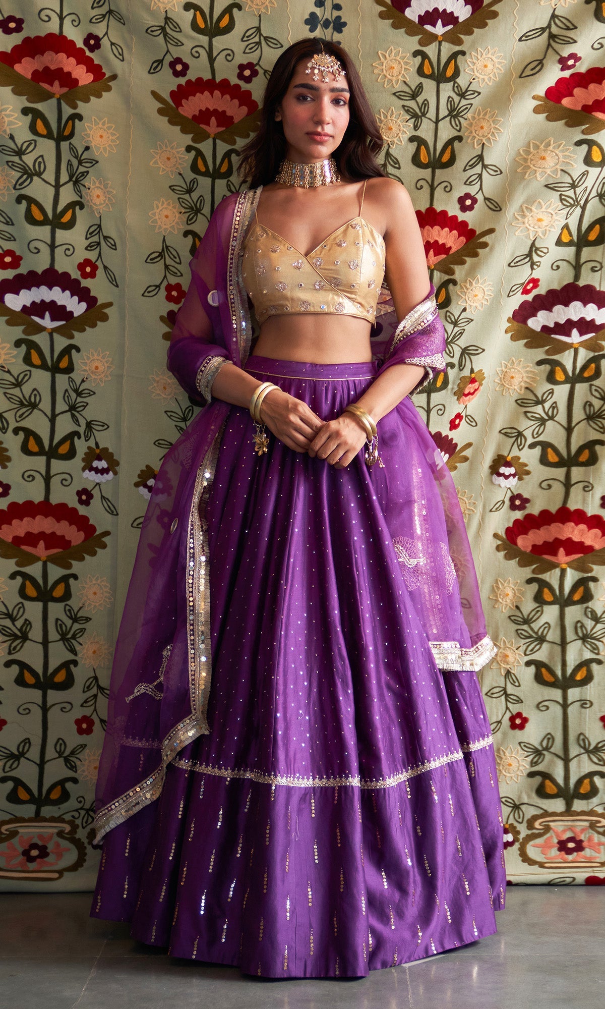 Noorani Embroidered  Purple Lehenga With Strap Golden Blouse And  Dupatta ( Set Of 3)