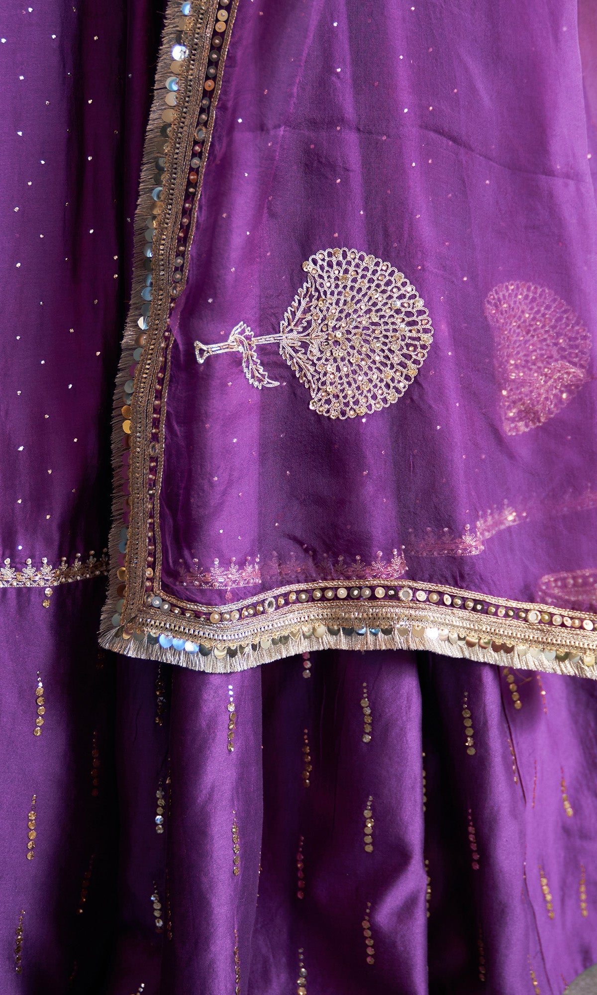 Noorani Embroidered  Purple Lehenga With Strap Golden Blouse And  Dupatta ( Set Of 3)