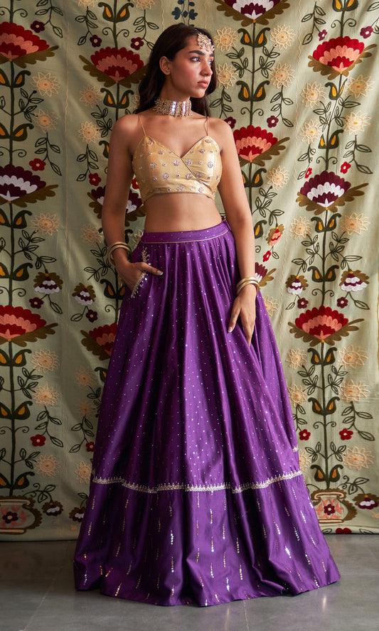 Noorani Embroidered  Purple Lehenga With Strap Golden Blouse And  Dupatta ( Set Of 3)