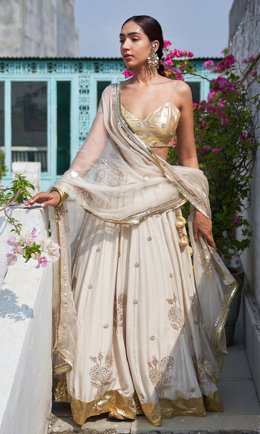 Boond Vol. 2  Off White Lehenga With Gold  Strap Blouse And Dupatta ( Set Of 3)