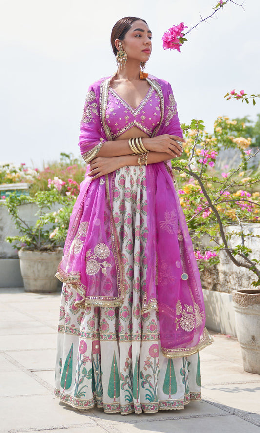 Boond Vol. 2 Pink Mughal Buta Lehenga With Solid Pink Embroidered Blouse And Dupatta(Set Of 3)