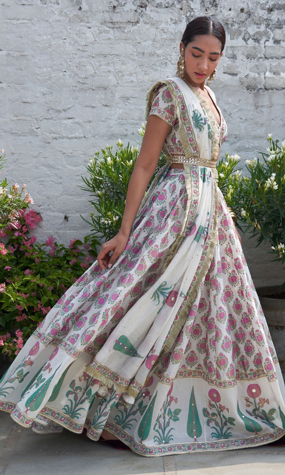 Boond Vol. 2 White Block Printed Lehenga,blouse With Belt And Dupatta  (Set Of 4)