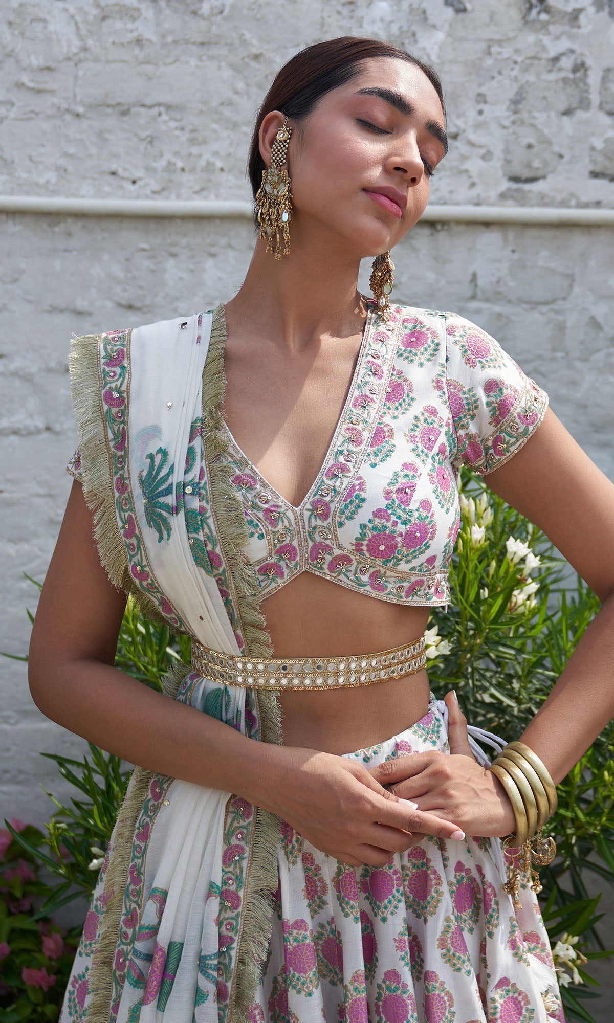 Boond Vol. 2 White Block Printed Lehenga,blouse With Belt And Dupatta  (Set Of 4)