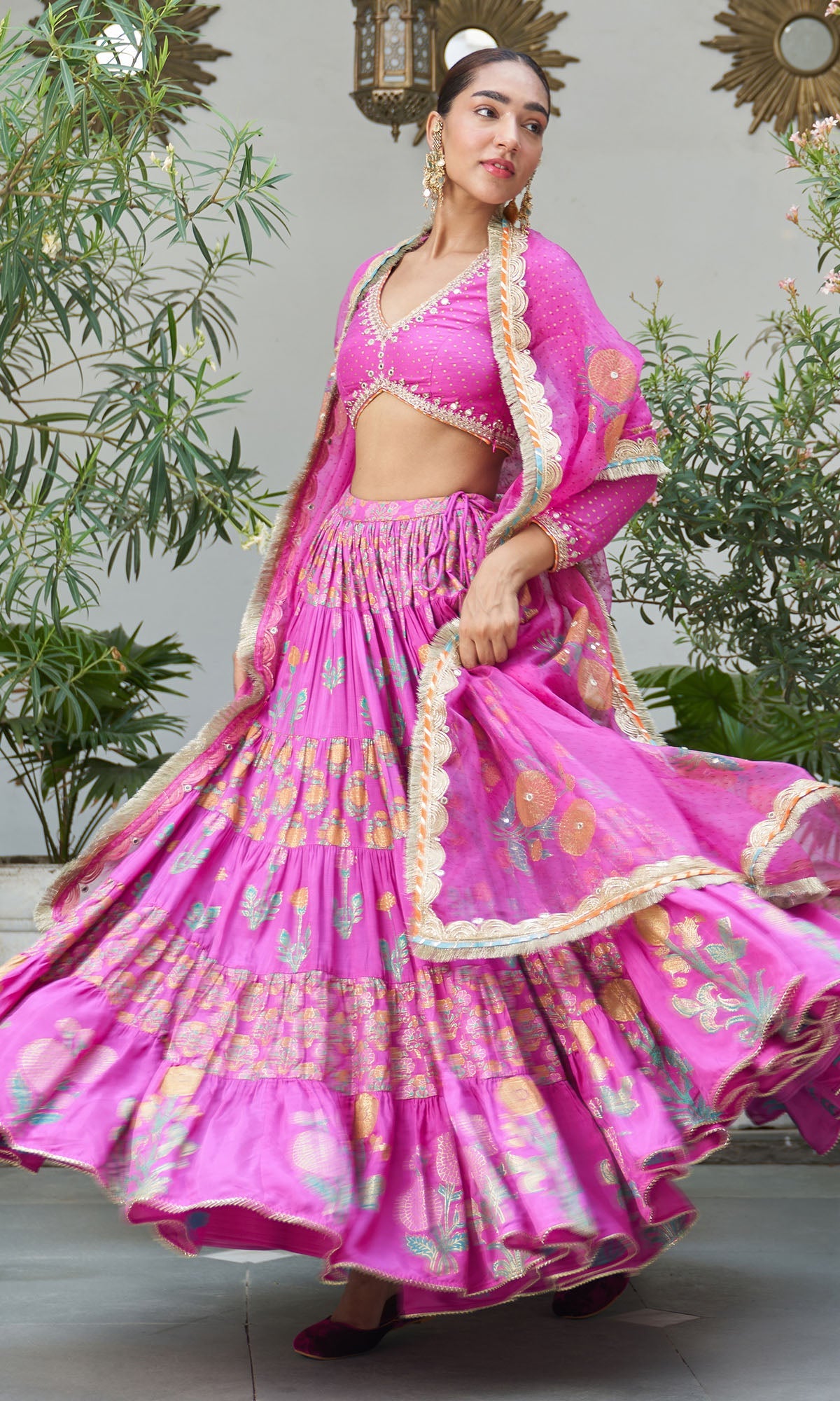 Boond Vol. 2 Pink  Hand Block Printed Tiered Lehenga With Embroidered Blouse And Dupatta (Set Of 3)