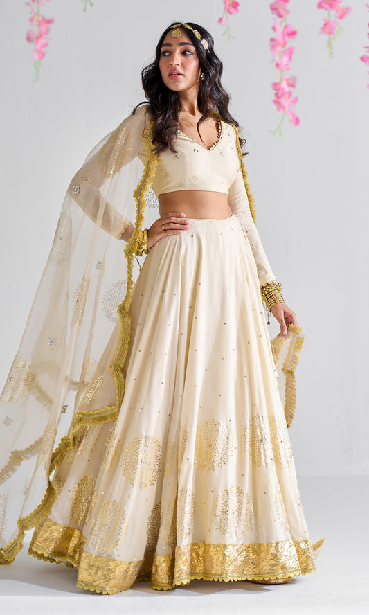 Firdaus Florals Beige Mukaish Work And Foil Printed Lehenga With Mukaish Work Blouse And Foil Printed Dupatta - Set of 3
