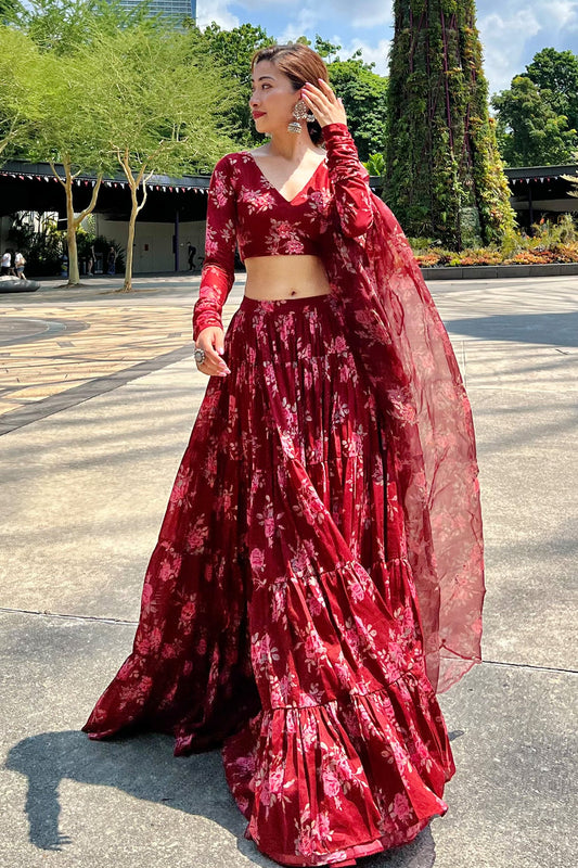 Bhanvara Red Floral Lehenga - Set of 3