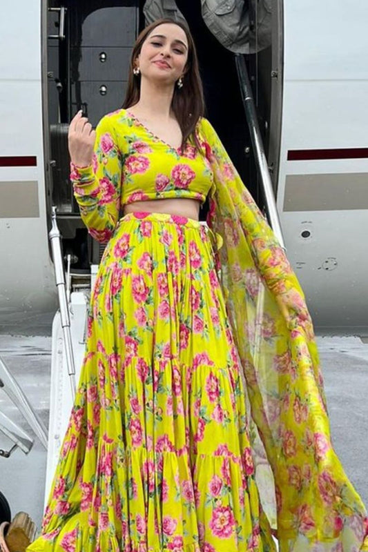 Sadia Khateeb in Falak Vol. 2 Neon Green Chooridar Sleeves Floral Blouse with Lehenga and Dupatta - Set of 3